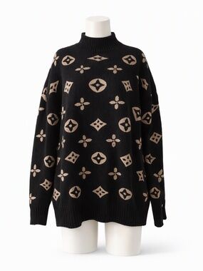 S.Christina 100% Cashmere Black Beige Geometric Floral Mock Neck Sweater L/XL